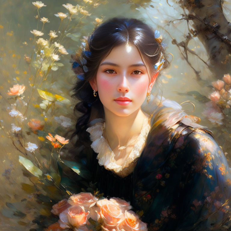 Serene young woman with dark hair in dreamy floral setting