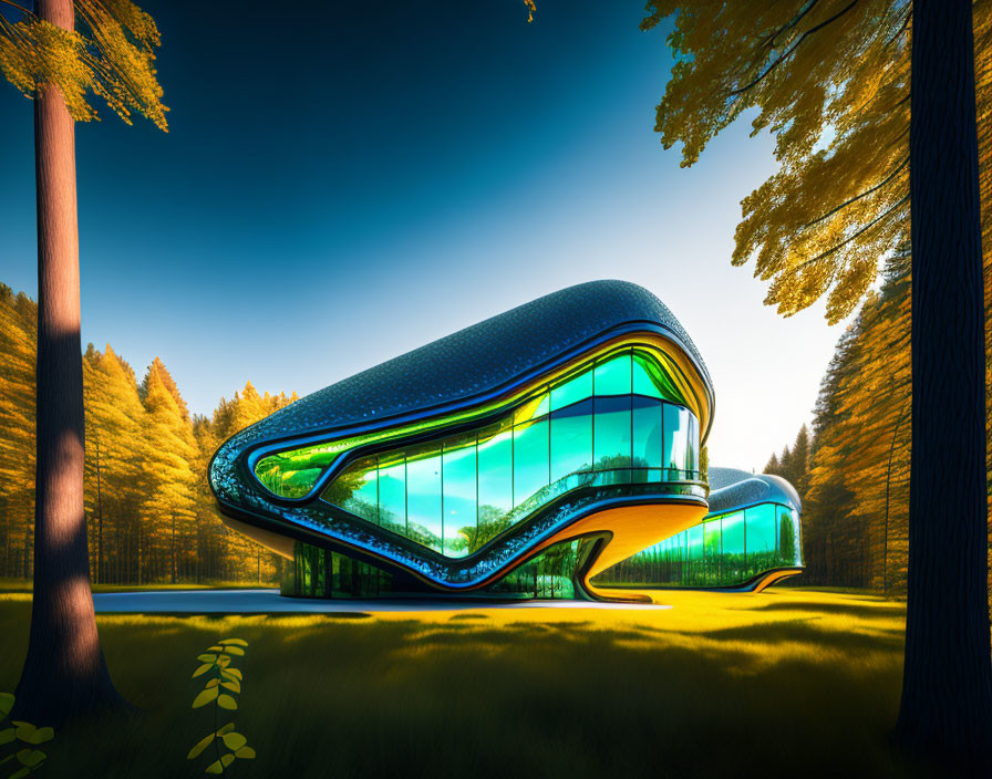 Futuristic curvilinear building with glass panels in autumn setting