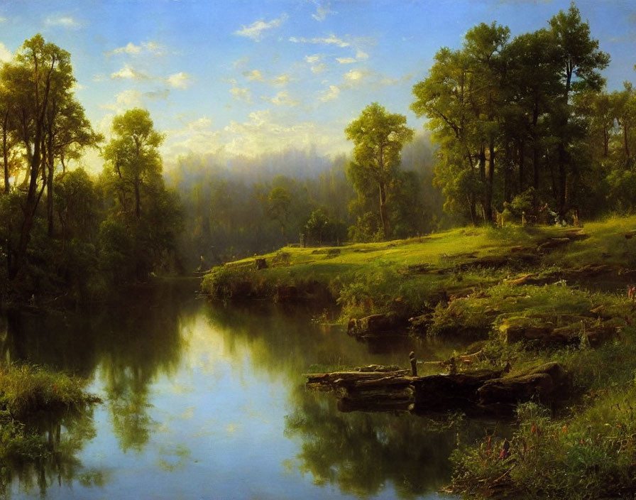 Tranquil landscape painting of serene river and lush trees