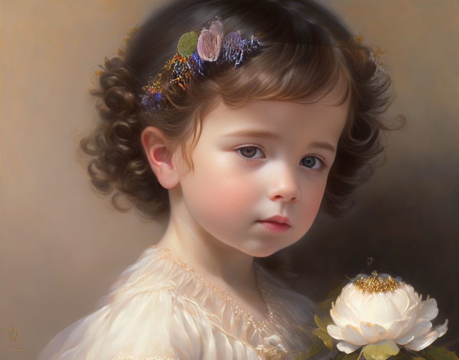 Young child portrait with curly hair and flower headband, cream dress, gazing sideways.