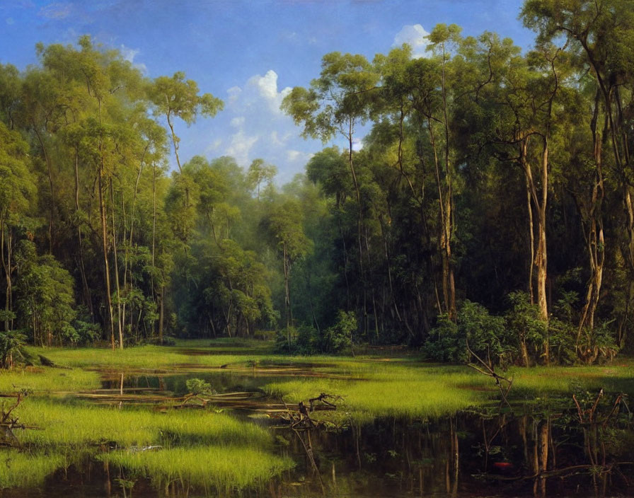 Vibrant green forest landscape with calm water and dappled light