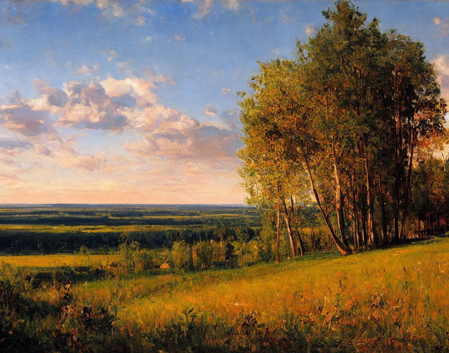 Tranquil landscape painting of lush meadow, trees, and golden hour sky