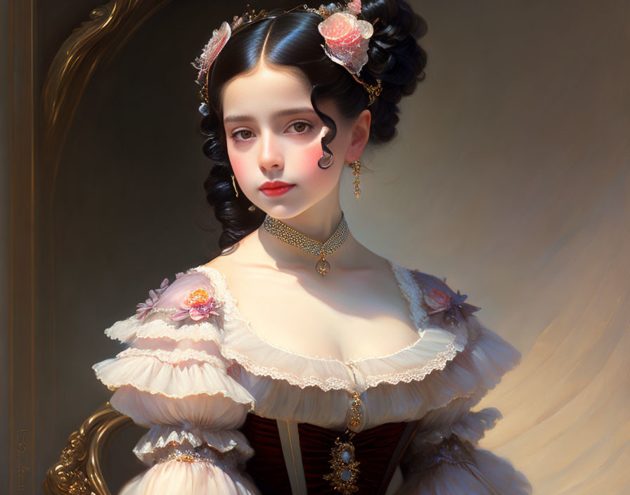 Victorian-inspired woman in floral dress, detailed digital art.