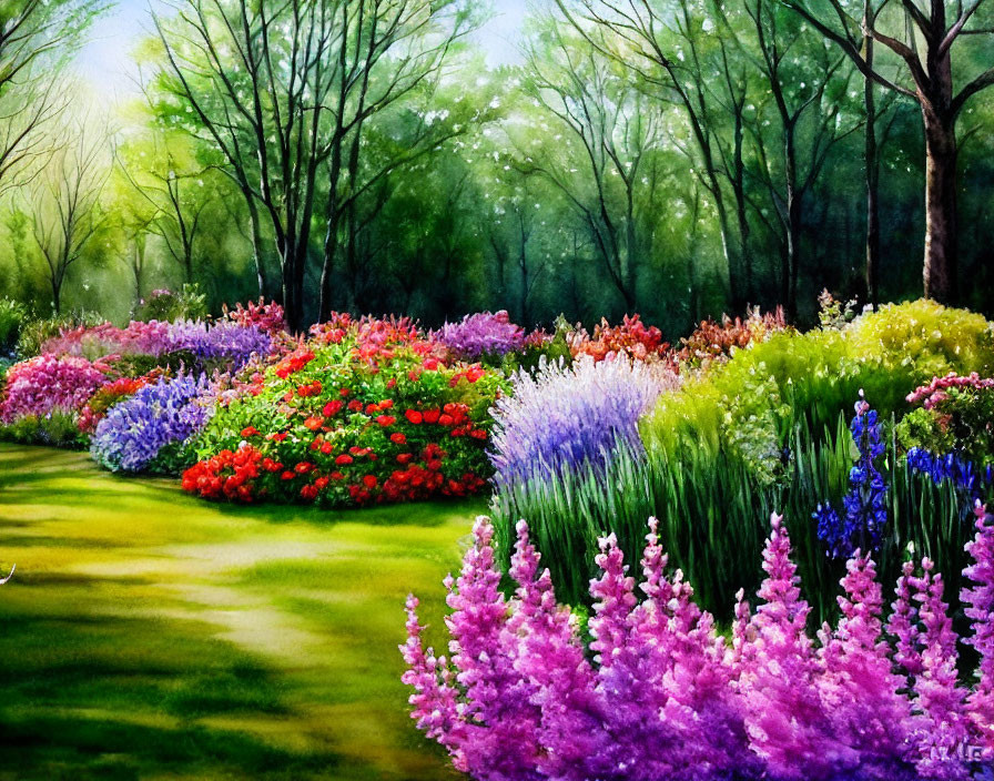 Colorful Garden Painting with Lush Greenery and Vibrant Flowers