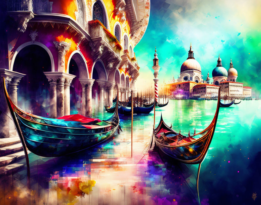 Colorful Venice Scene with Gondolas and Iconic Architecture