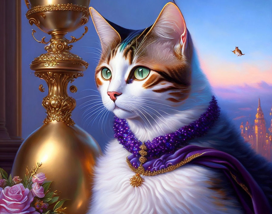 Regal cat illustration with green eyes in purple attire, gold urn, roses, fantasy castle.