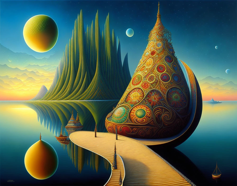 Vibrant surreal landscape with ornate teardrop structures and celestial bodies