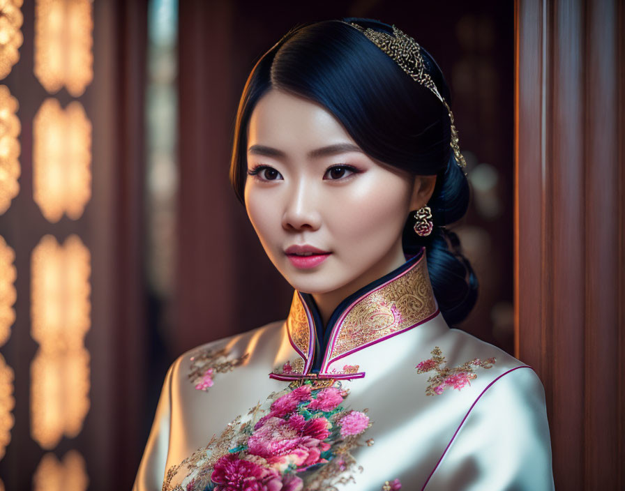 Traditional Asian Attire Woman Standing by Carved Wooden Screen