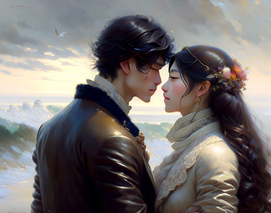 Romantic digital artwork of couple in historical attire by seaside at sunset