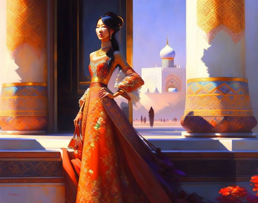 Digital painting of woman in cultural dress on balcony with dome view