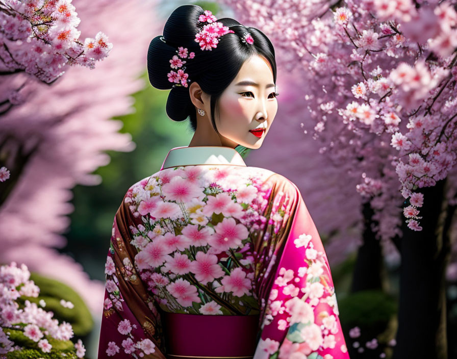 Woman in Vibrant Floral Kimono Admiring Cherry Blossoms