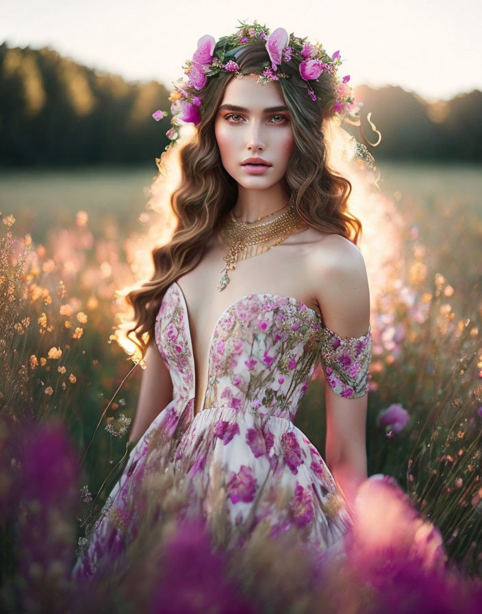 Woman in Floral Dress and Flower Crown Standing in Blooming Meadow