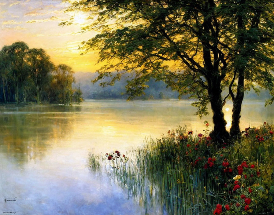 Tranquil sunset over calm lake with golden hues and red flowers