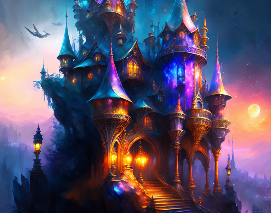 Mystical castle digital illustration with glowing spires, mountains, and golden-lit staircase