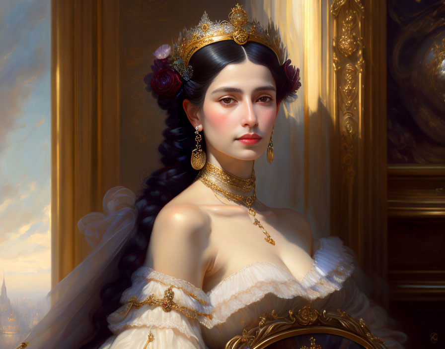 Regal woman in white gown with jeweled crown and gold necklace by window