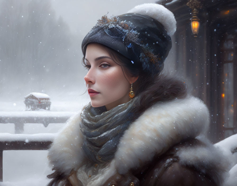 Woman in fur scarf and turban hat in snowy scene with lantern-lit building