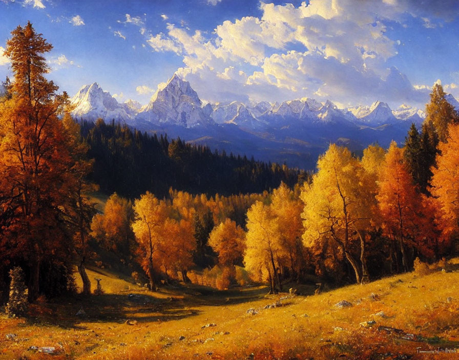 Vibrant autumn trees, snowy mountains, and clear blue sky in landscape painting