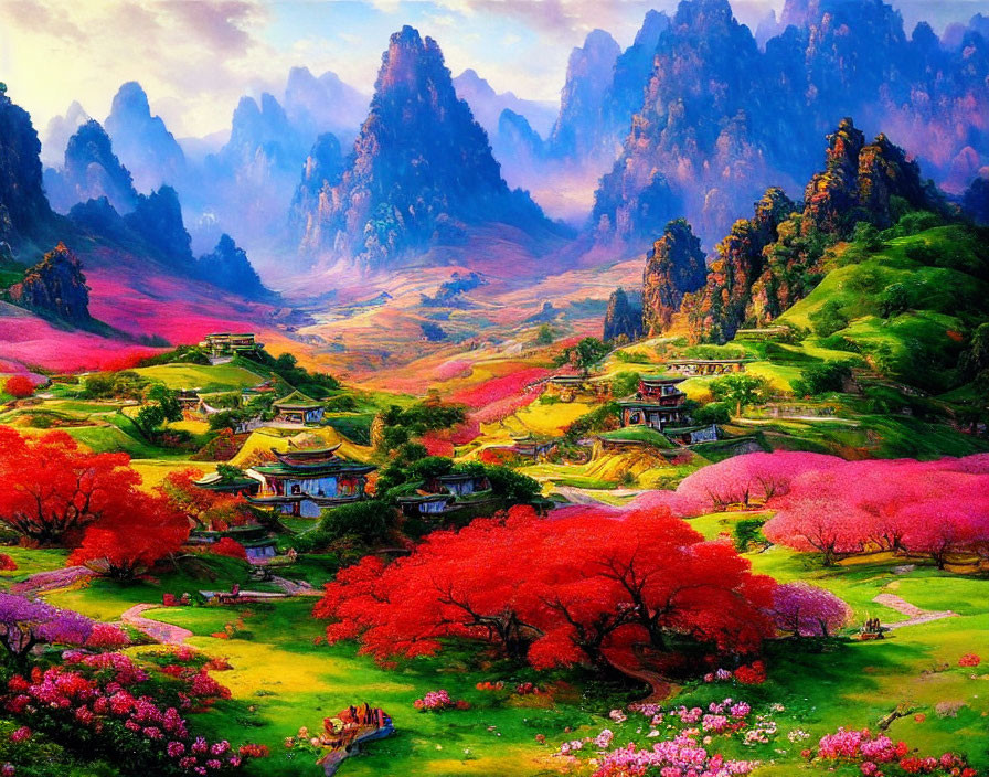 Serene valley with blossoming trees, traditional buildings, and mountain peaks