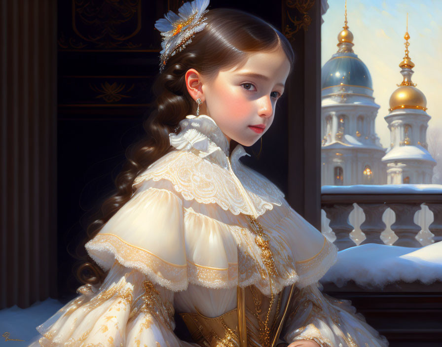 Young girl in elegant white dress with golden trim, set against architectural domes.