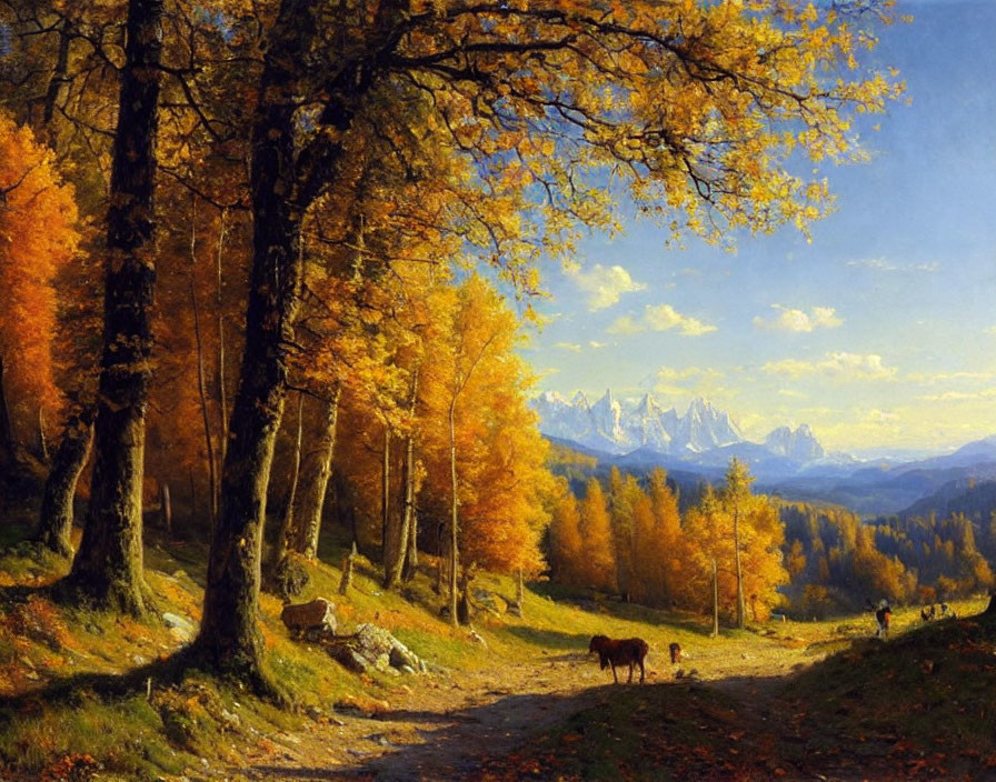 Tranquil autumn landscape with grazing cows and forest path