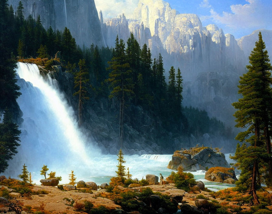 Scenic landscape with waterfall, pine trees, rocks, and mountains