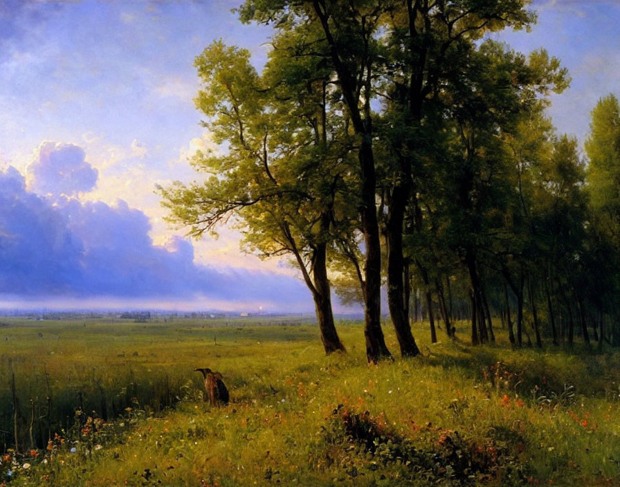 Tranquil landscape painting: trees at dusk, open field, soft sky.