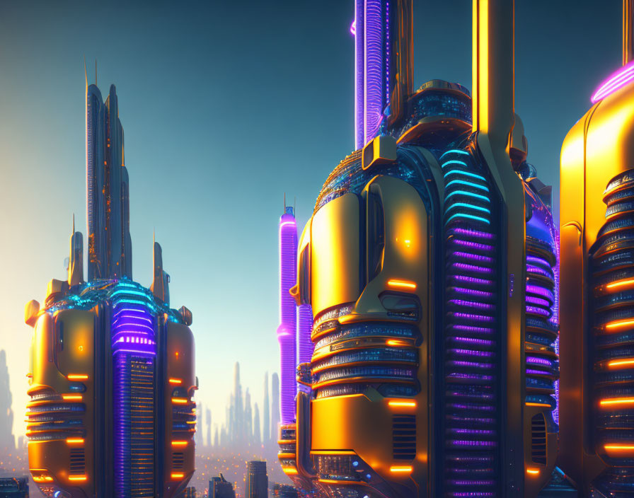 Neon-lit futuristic cityscape at dusk