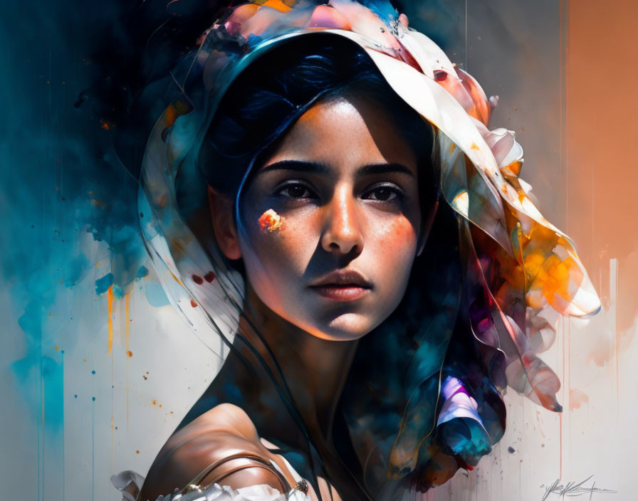 Colorful Abstract Digital Artwork of Intense Gaze Woman