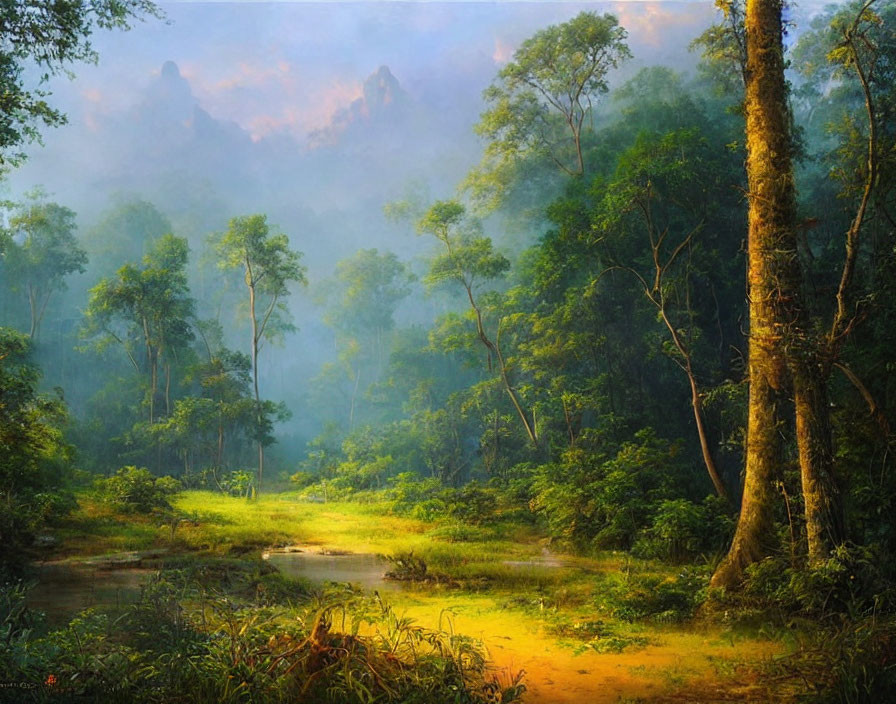 Tranquil forest landscape with stream, sunlit clearing, towering trees, and distant mountains.