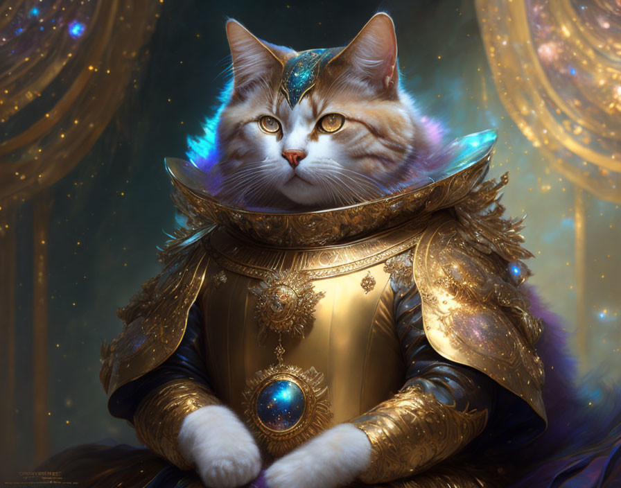 Majestic cat in golden armor with gem-studded tiara on sparkly backdrop
