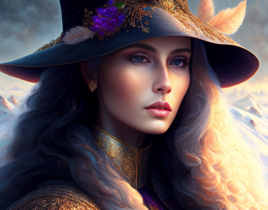 Detailed digital portrait of a woman with flowing hair and ornate hat against mountain backdrop