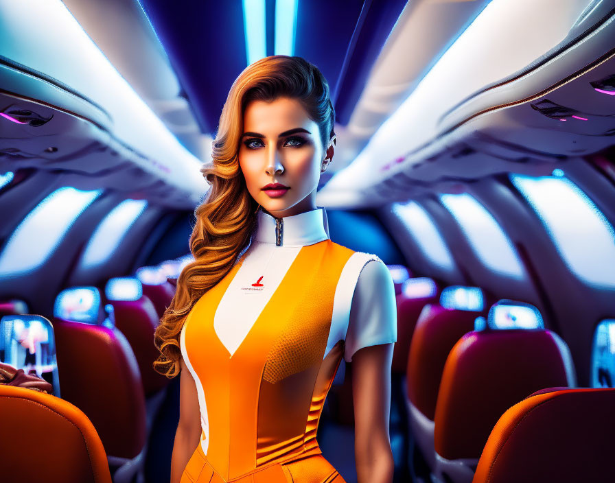 Futuristic flight attendant in stylish uniform standing in vibrant blue-lit airplane cabin