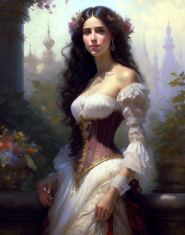 Portrait of Woman in White and Gold Dress with Floral Headpiece