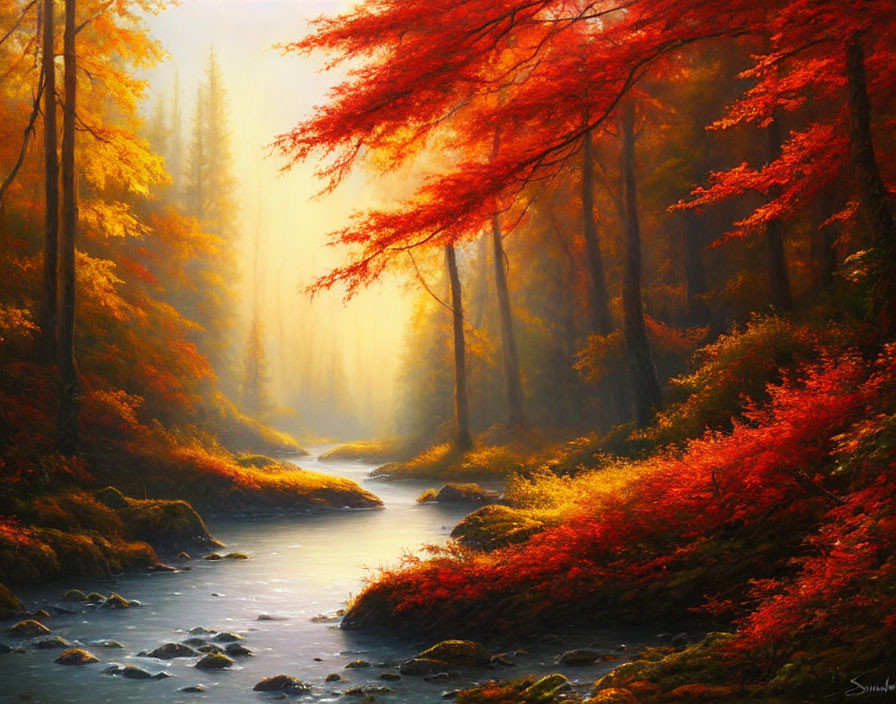 Tranquil Autumn Landscape with Red and Orange Leaves, River, and Soft Sunlight