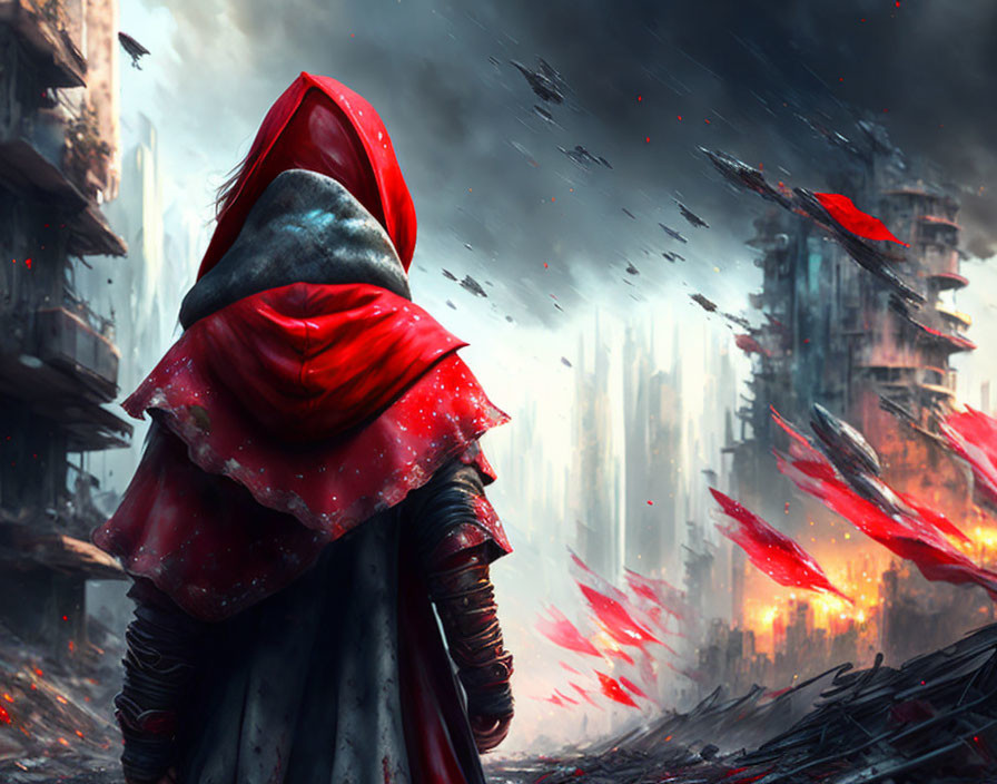 Dystopian cityscape with figure in tattered red cloak