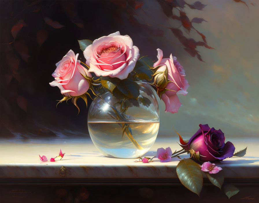 Realistic painting of pink roses in glass vase