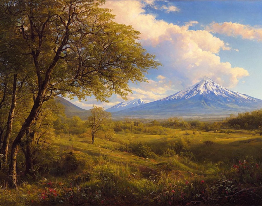 Serene landscape with snow-capped mountain, greenery, and wildflowers