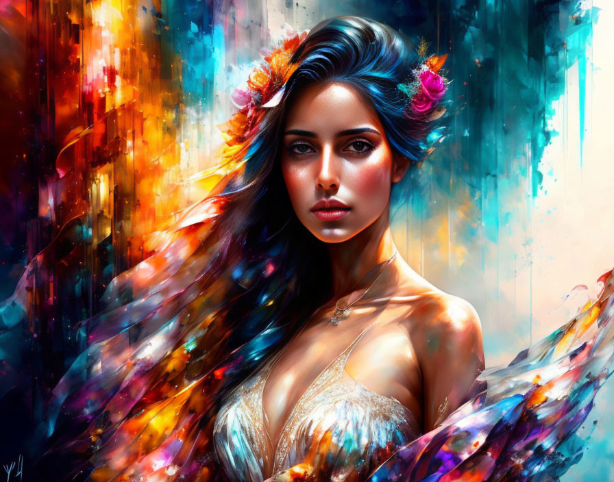 Colorful Digital Art: Woman with Blue Hair & Floral Headpiece in Abstract Setting