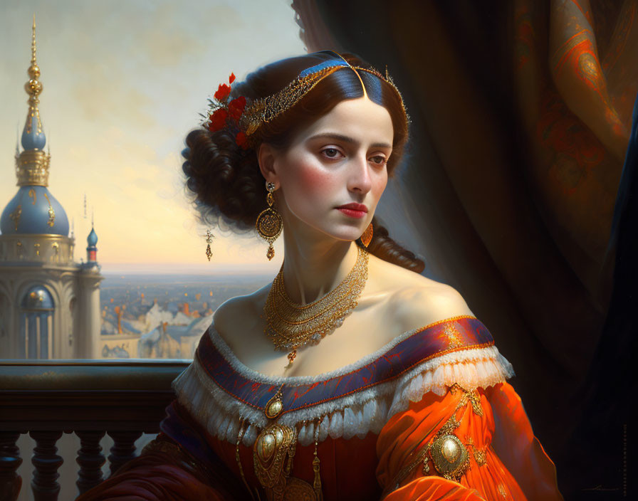 Regal woman in historical dress with gold jewelry gazes pensively by draped curtain.