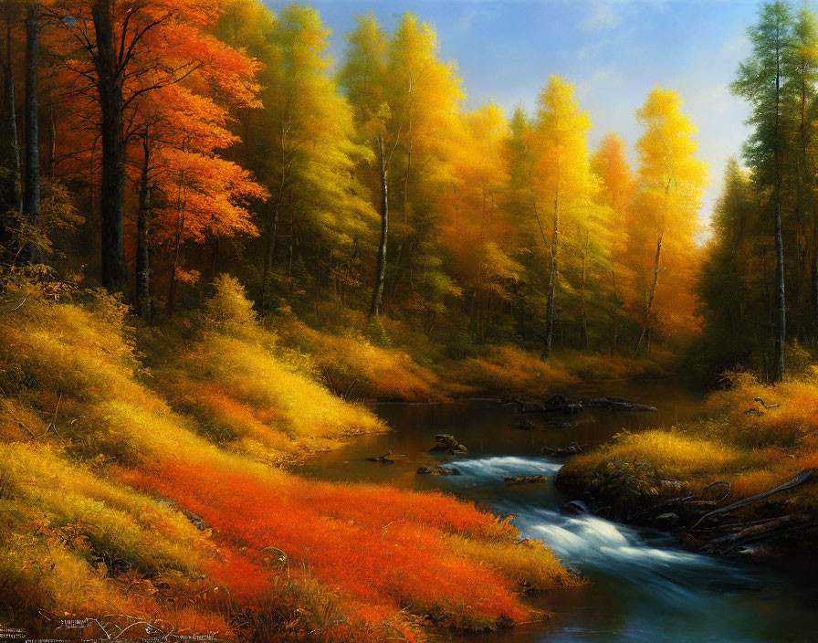 Tranquil autumn stream with vibrant foliage