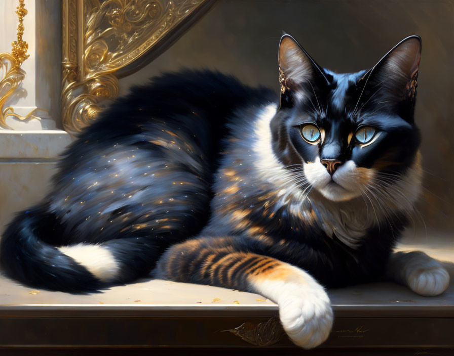 Realistic painting of a black and white cat with blue eyes in a luxurious room