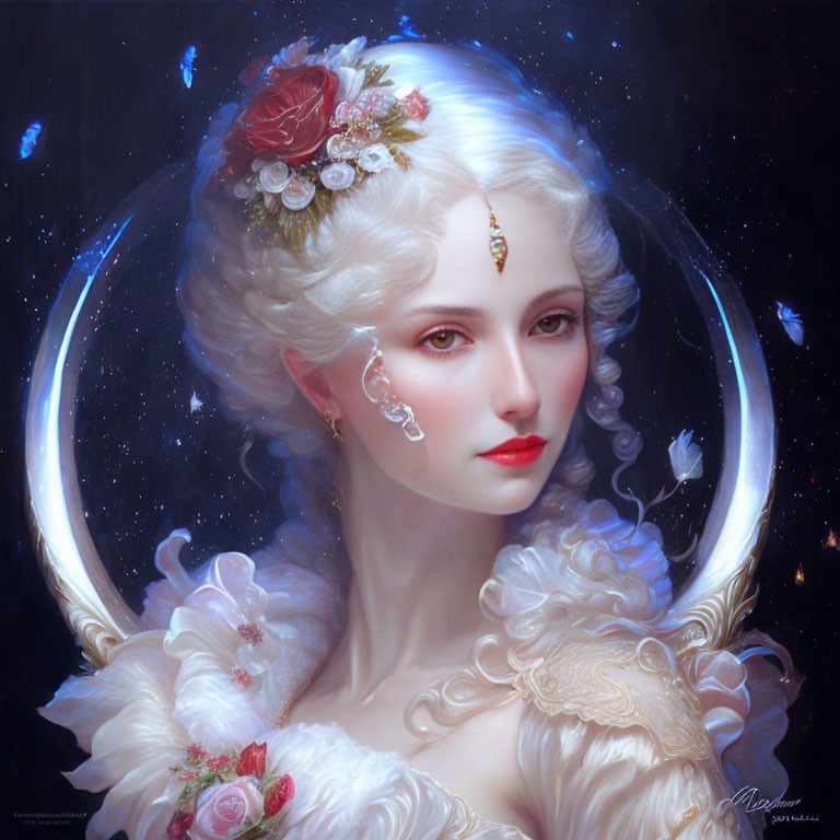 Ethereal portrait of woman with white hair and red rose, glowing halo and petals.