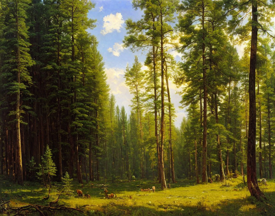 Tranquil forest landscape with tall pine trees and grazing deer