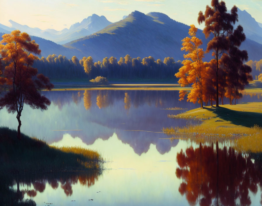 Tranquil autumn landscape: orange trees, lake reflection, blue mountains