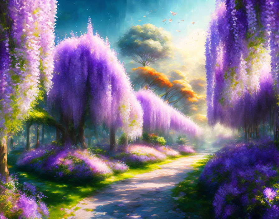 Enchanted garden with purple wisteria trees and sunlit path