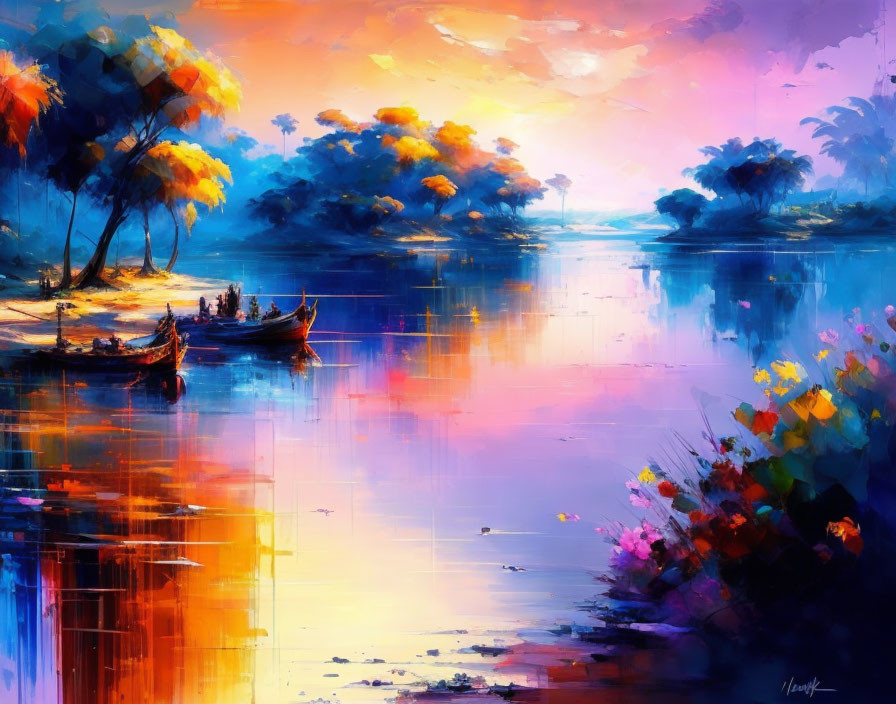 Colorful painting: Tranquil river scene at sunset with boats and lush trees