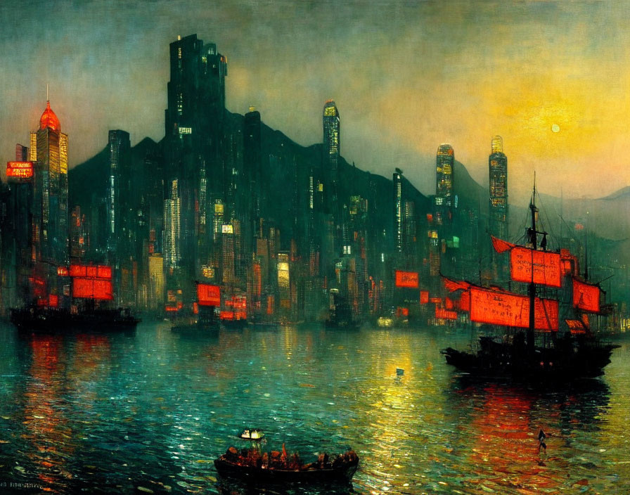 Bustling harbor and cityscape at twilight with boats and reflections