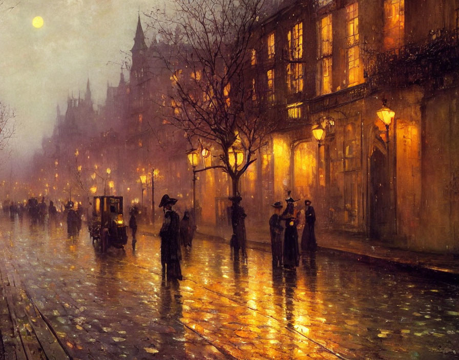 Rainy evening painting: people walking on illuminated street with carriage