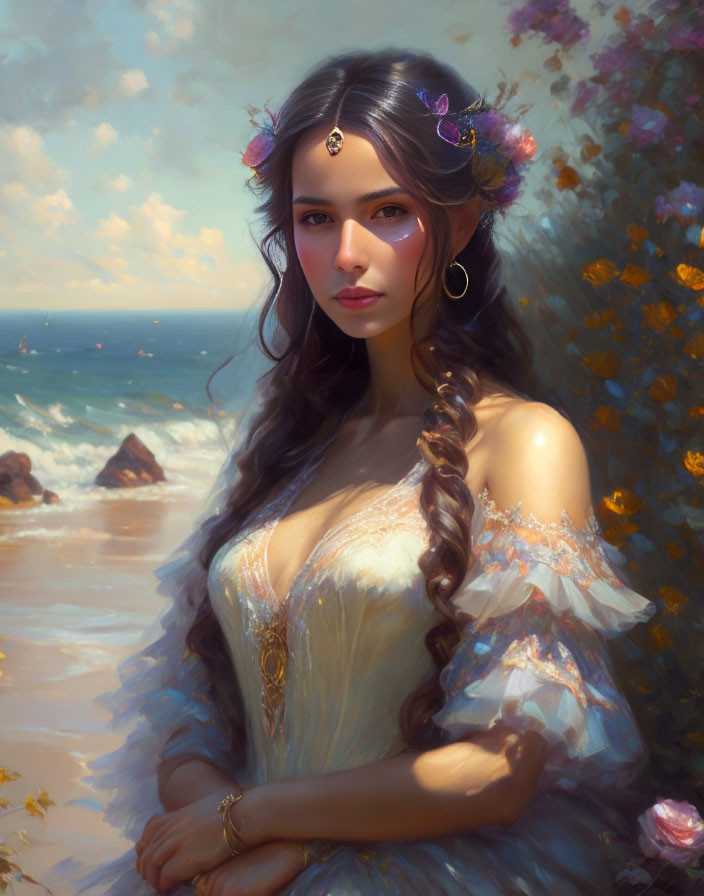 Woman with Braid, Flowers, Jewels, Dress by the Sea