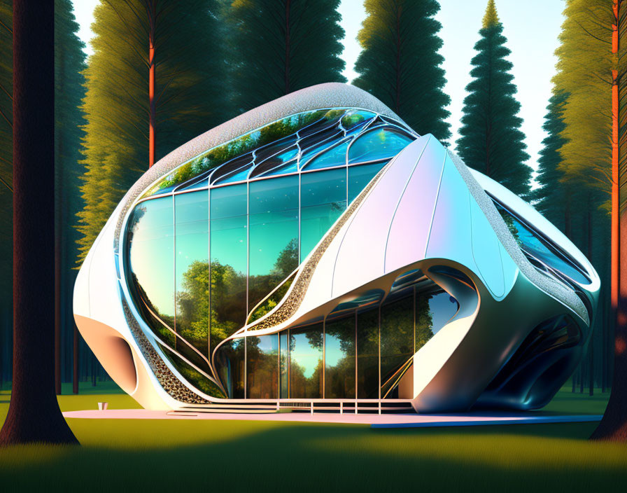 Organic-shaped futuristic building in forest with glass and white panels